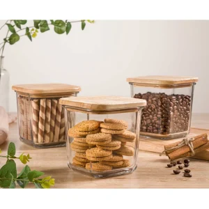 ظرف شیشه ای مربع درب چوبی لیمون 860 میلی لیتر